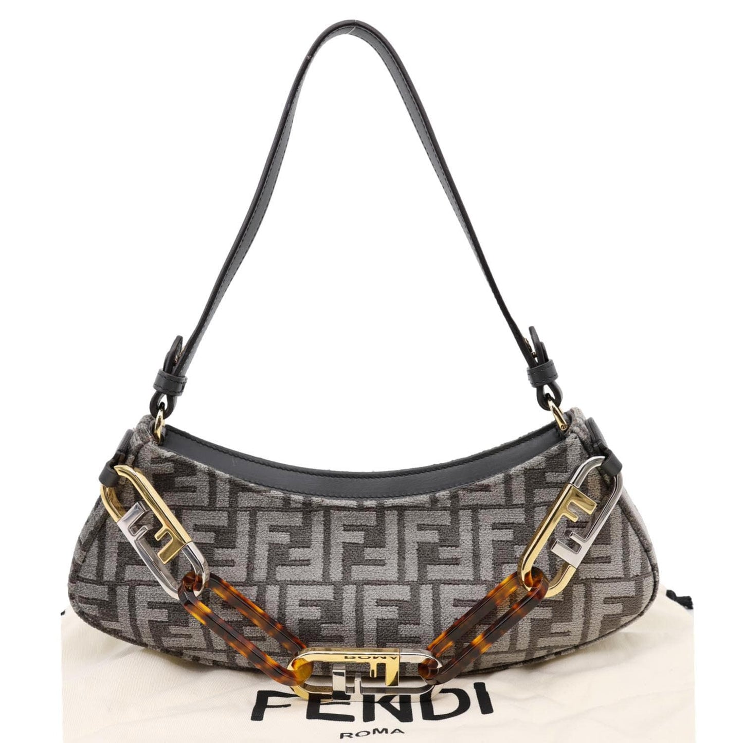 FENDI FF O'Lock Swing Chenille Vitello King Plexiglass Shoulder Bag Grey