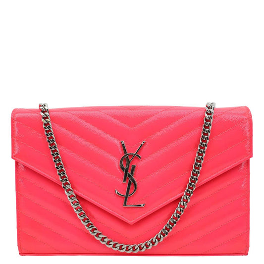 YVES SAINT LAURENT Monogram Grain De Poudre Chevron Leather Wallet On Chain Neon Pink