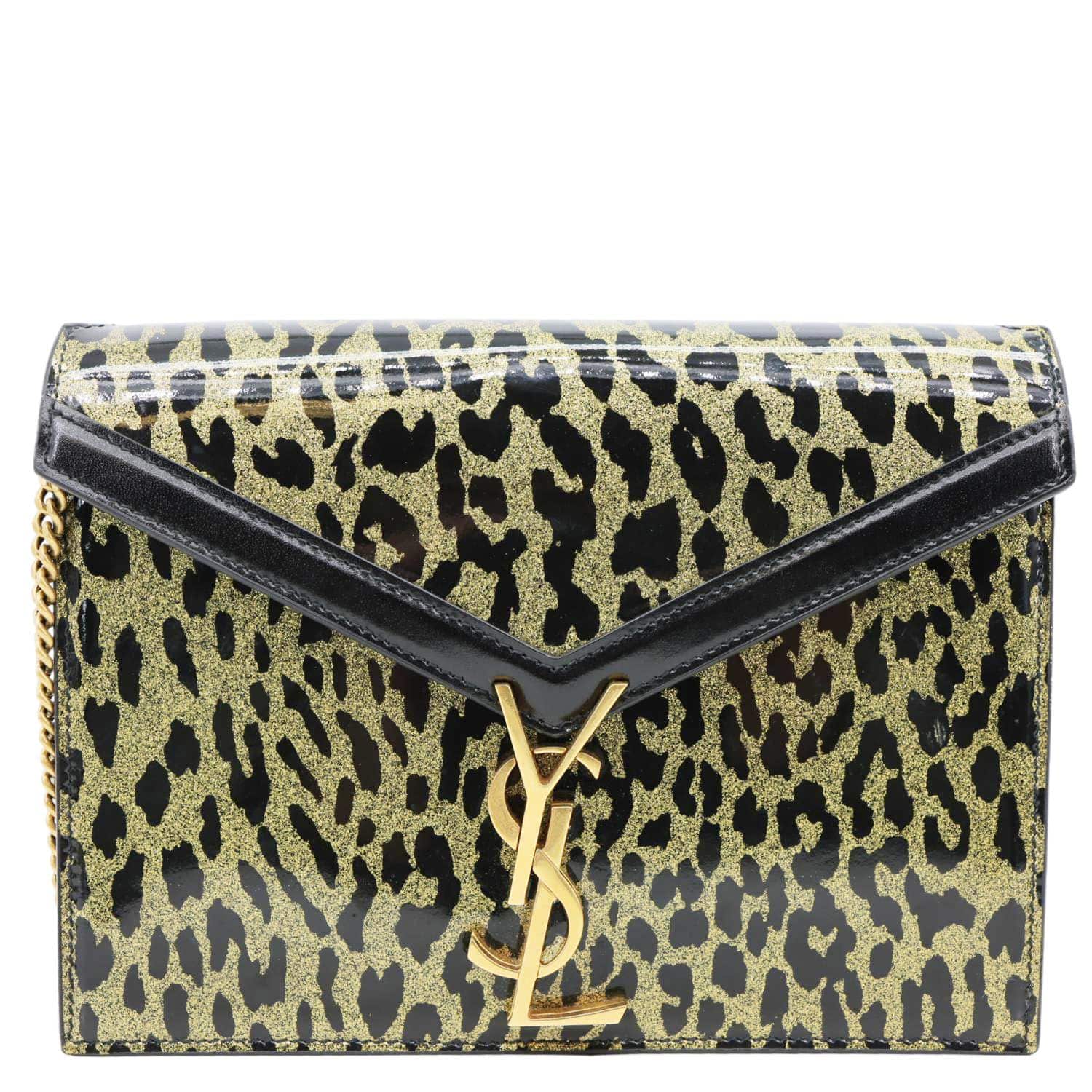 YVES SAINT LAURENT Cassandre Envelope Leopard Print Leather Chain Wallet Bag Gold