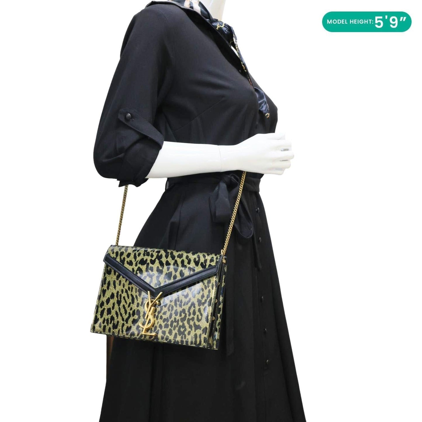 YVES SAINT LAURENT Cassandre Envelope Leopard Print Leather Chain Wallet Bag Gold