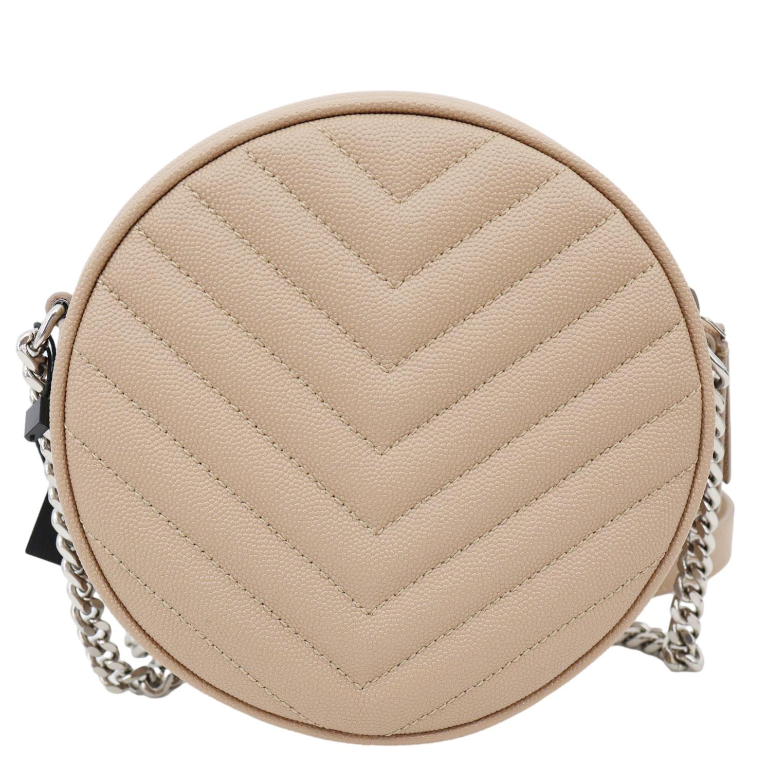 YVES SAINT LAURENT Vinyle Round Chevron Leather Camera Crossbody Bag Beige