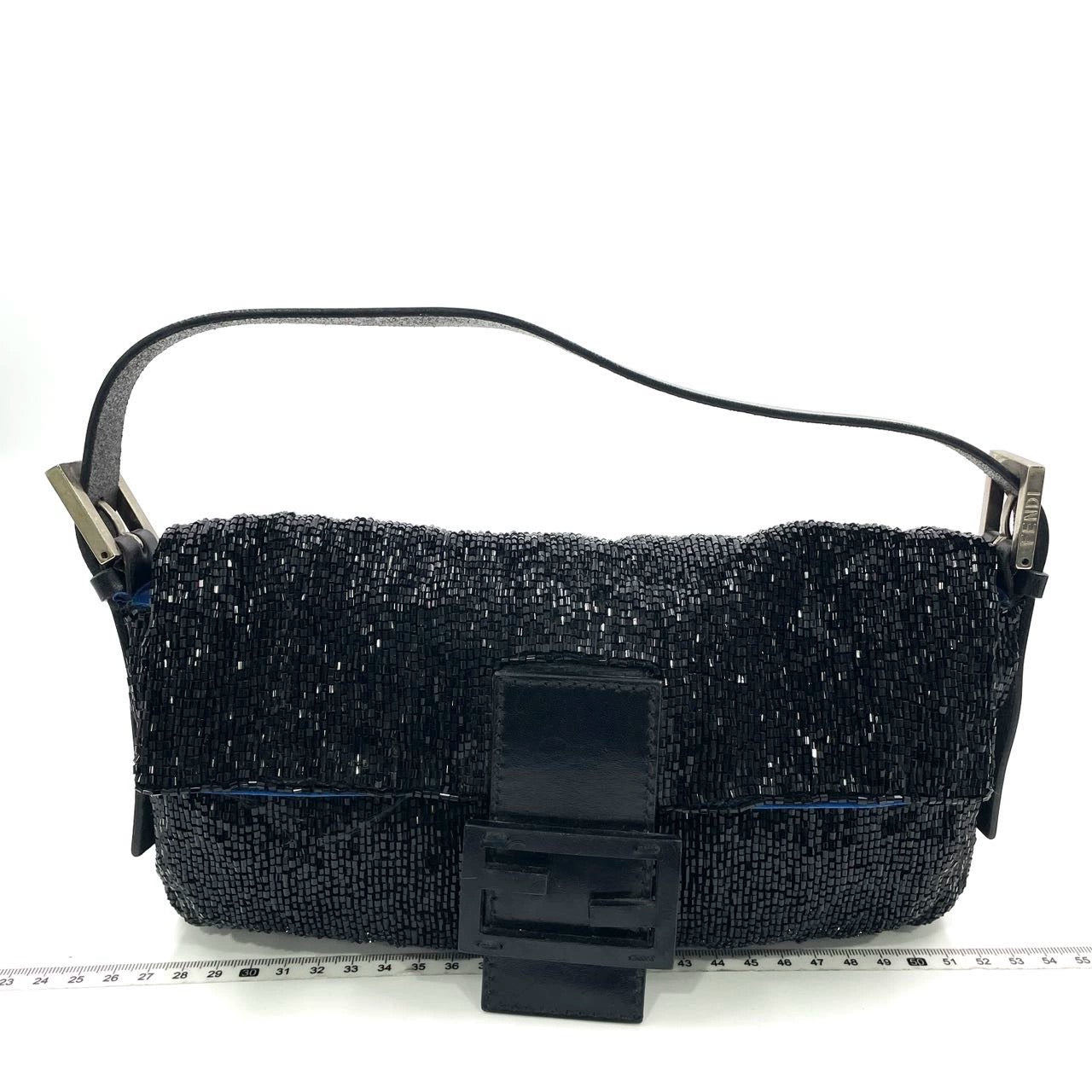 Fendi Baguette Black Glitter Beads Shoulder Bag Blue Satin Interior