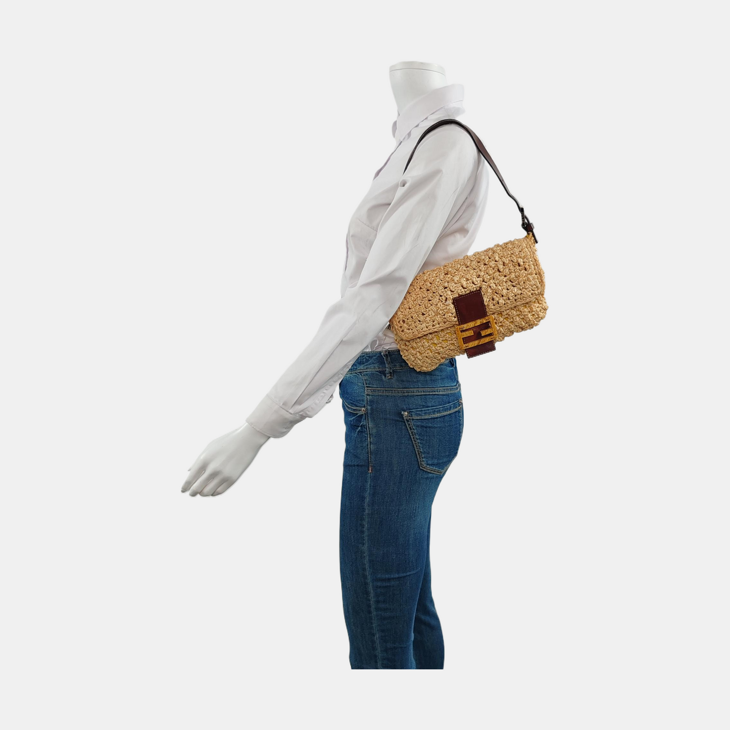 Fendi Baguette Raffia Straw Beige and Brown Leather Shoulder Bag