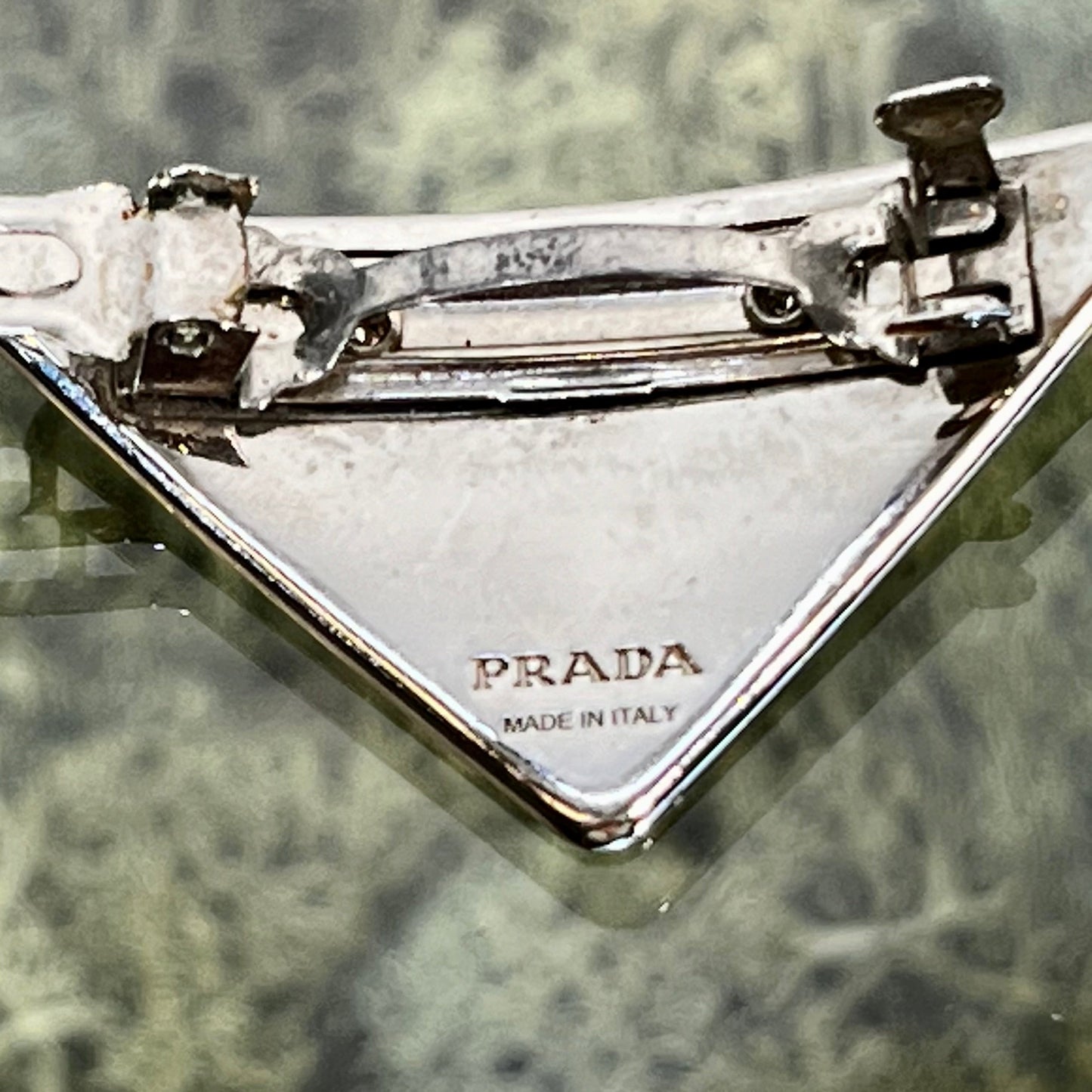 Prada White Silver Metal Enamel Triangle Logo Hair Clip Luxury Handbag