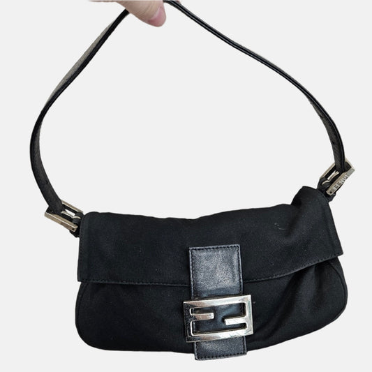FENDI Baguette Black Cloth Silver Hardware Shoulder Bag