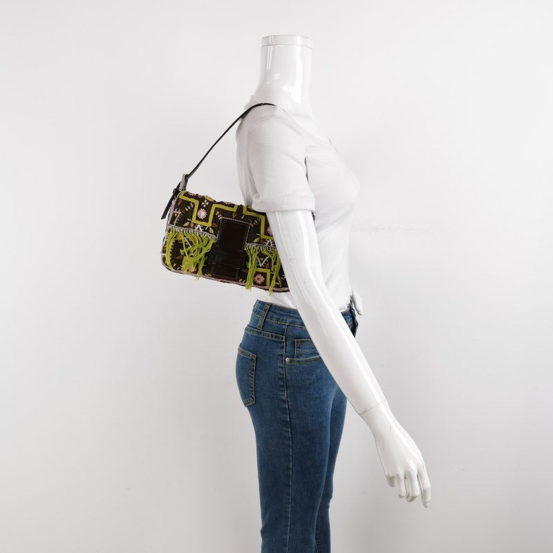 Fendi Baguette   Brown Canvas with embroidery sequins mirrors and tassels