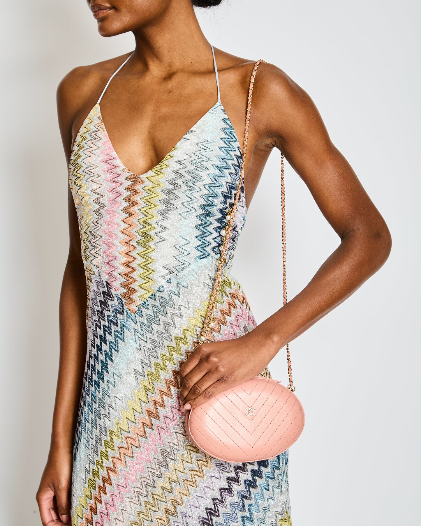Chanel 2019 Pink Runway La Pa Round Evening bag in Chevron with Gold Hardware and Charm Chain
