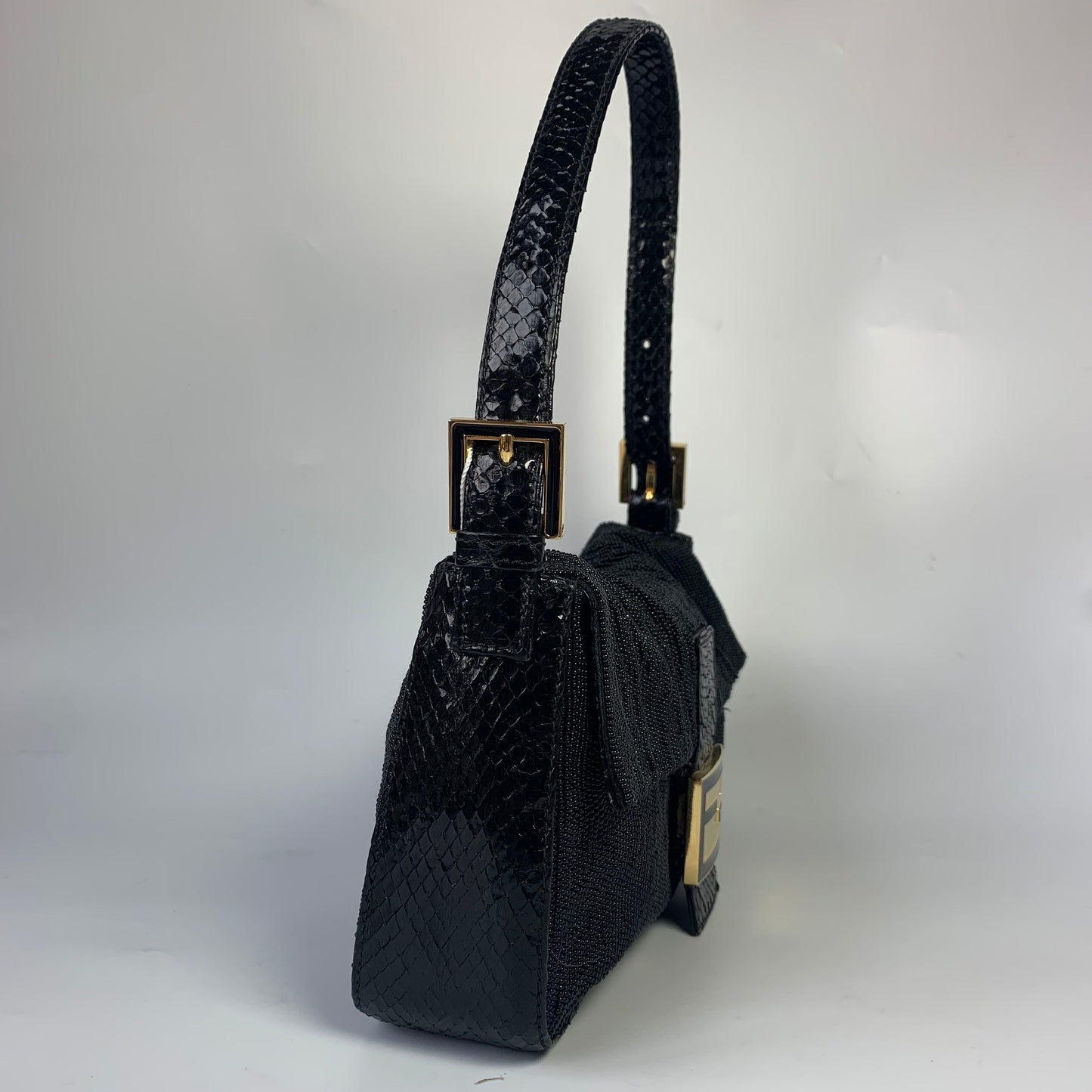 Fendi Baguette   Black Round Beads with Snake Skin Strap