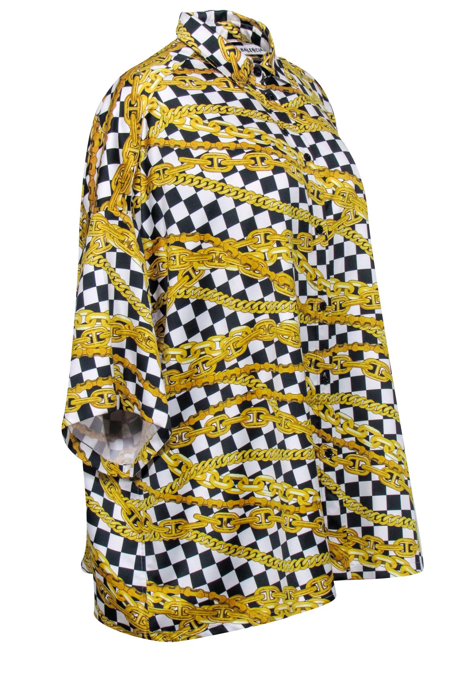 Balenciaga - Gold, Black, & White Checkered Chain Print Top Sz 4
