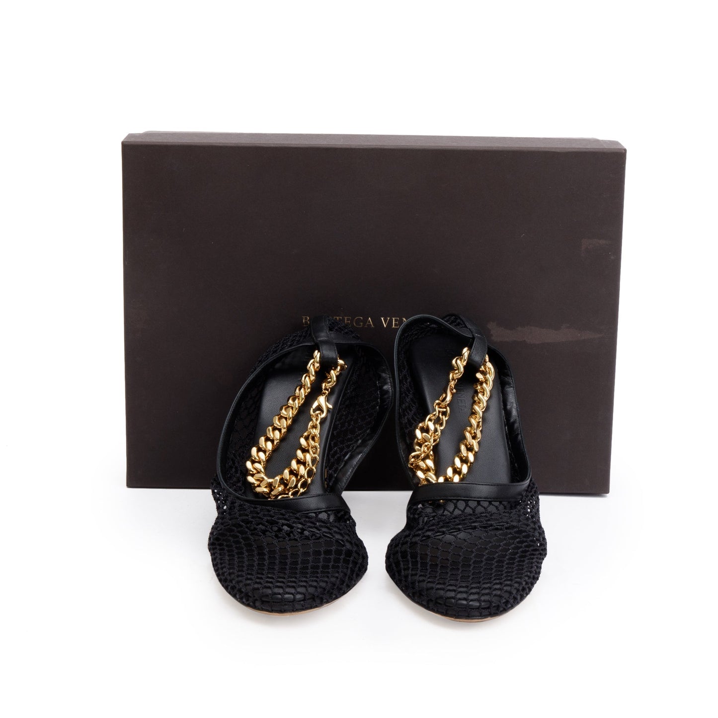 Bottega Veneta Black Leather Mesh Chain Accent Tex Sandal Pumps, Size 39
