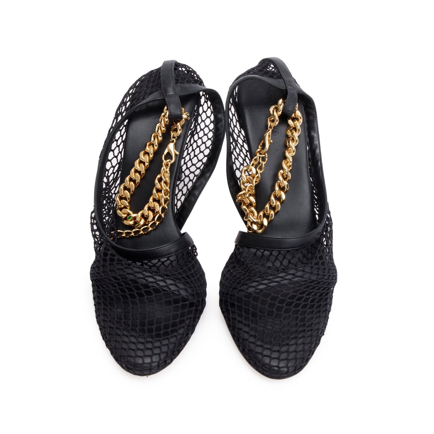 Bottega Veneta Black Leather Mesh Chain Accent Tex Sandal Pumps, Size 39