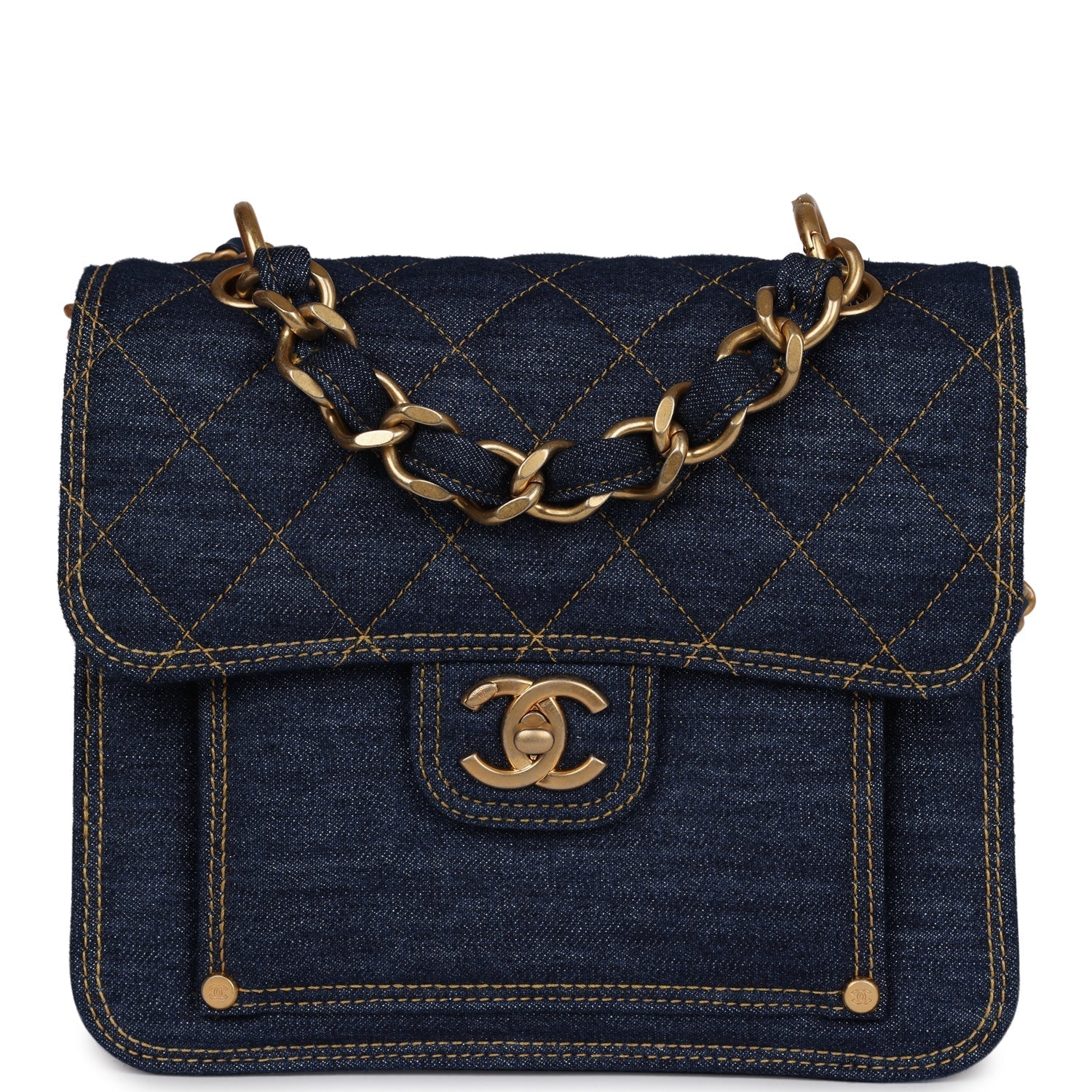 Chanel Square Flap Blue Antique Gold Hardware Shoulder Bag