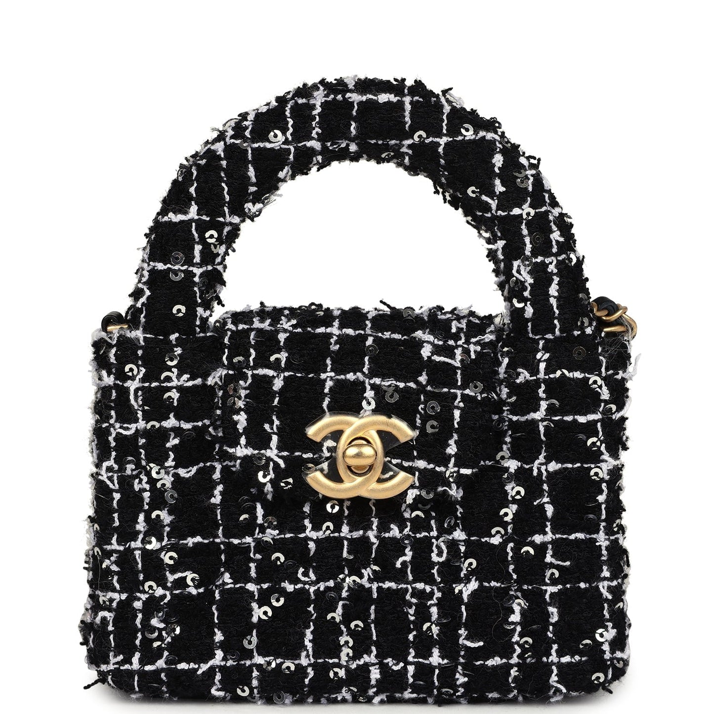Chanel Nano Kelly Shopper Black, White & Silver Sequin Tweed Brushed Gold Hardware Crossbody