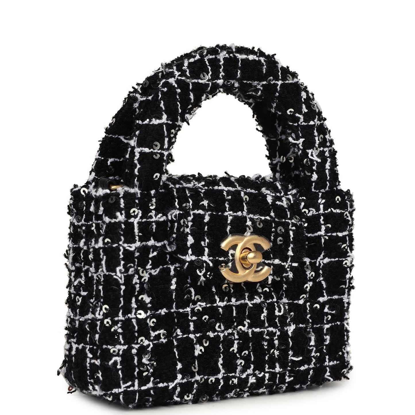 Chanel Nano Kelly Shopper Black, White & Silver Sequin Tweed Brushed Gold Hardware Crossbody