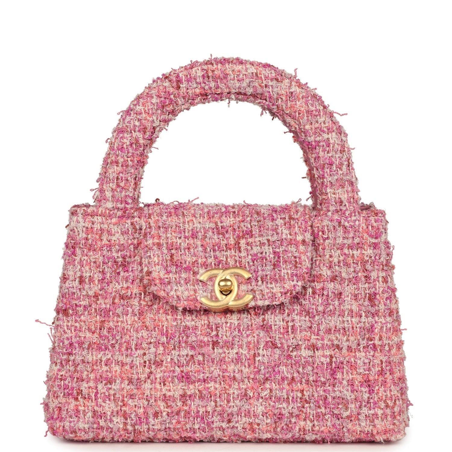 Chanel Small Kelly Shopper Pink Tweed Brushed Gold Hardware Handbag