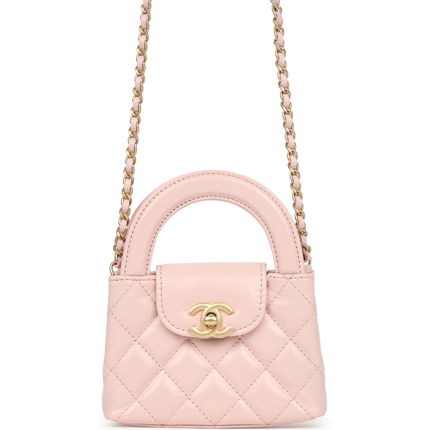 Chanel Nano Kelly Shopper Pink Shiny Aged Calfskin Brushed Gold Hardware Handbag