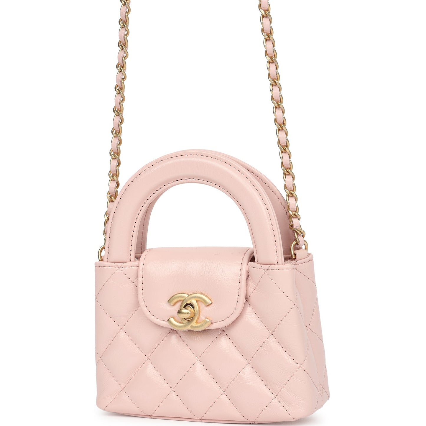 Chanel Nano Kelly Shopper Pink Shiny Aged Calfskin Brushed Gold Hardware Handbag