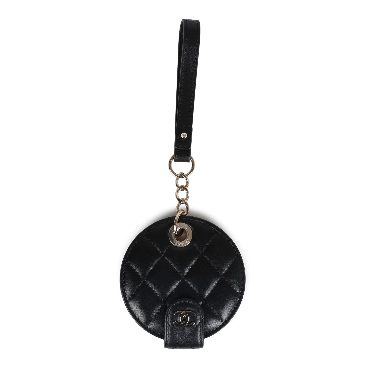 Chanel Round Luggage Tag Black Lambskin Light Gold Hardware Handbag