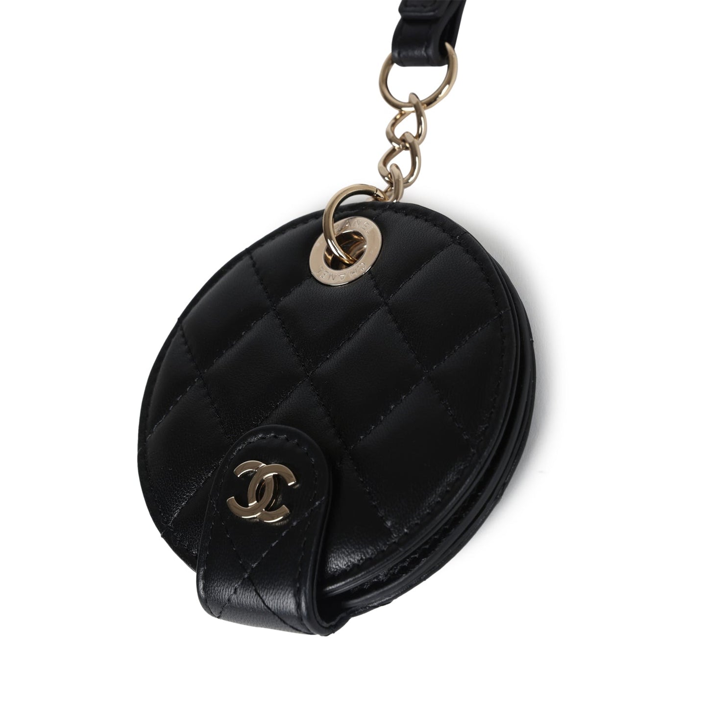 Chanel Round Luggage Tag Black Lambskin Light Gold Hardware Handbag