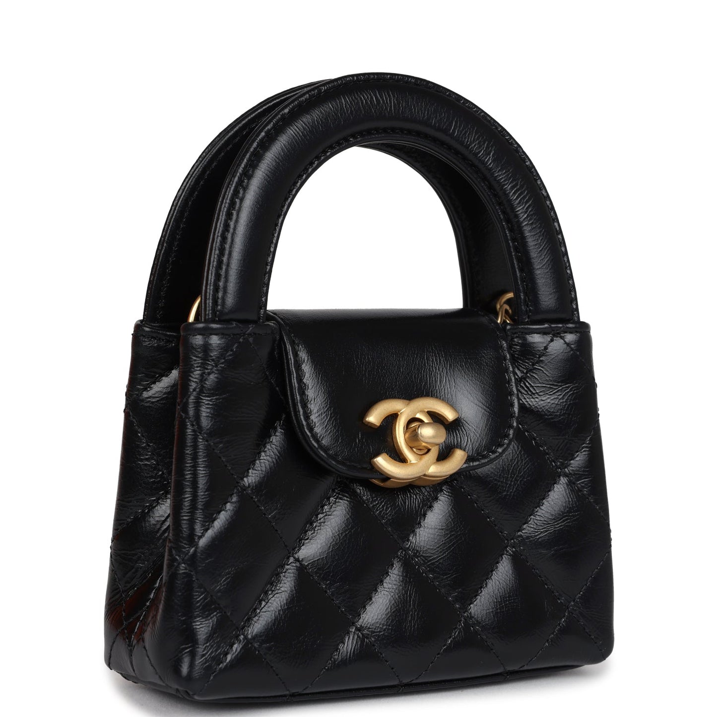 Chanel Nano Kelly Shopper Black Shiny Aged Calfskin Brushed Gold Hardware Crossbody