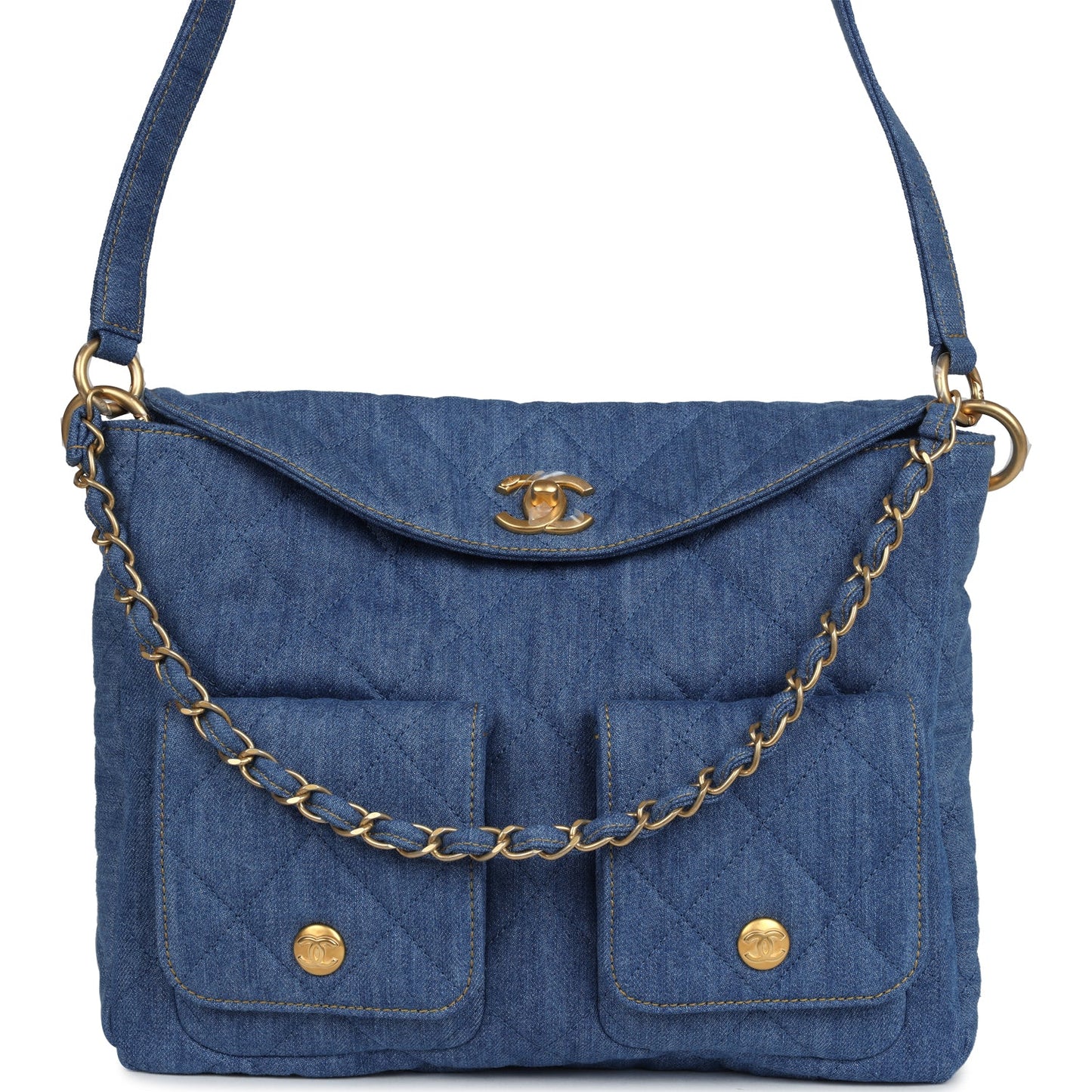 Chanel Large Supple Twins Hobo Bag Blue Brushed Gold Hardware