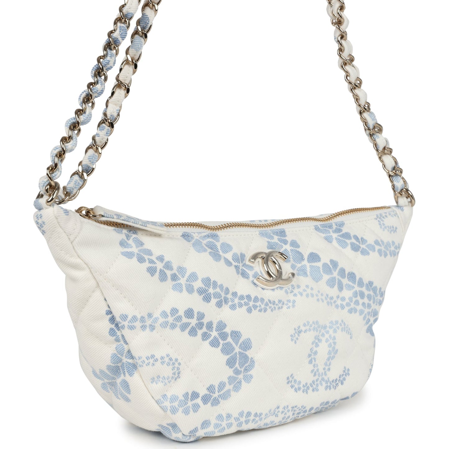 Chanel Large Coco Beach Hobo Bag in White and Blue Light Gold Hardware