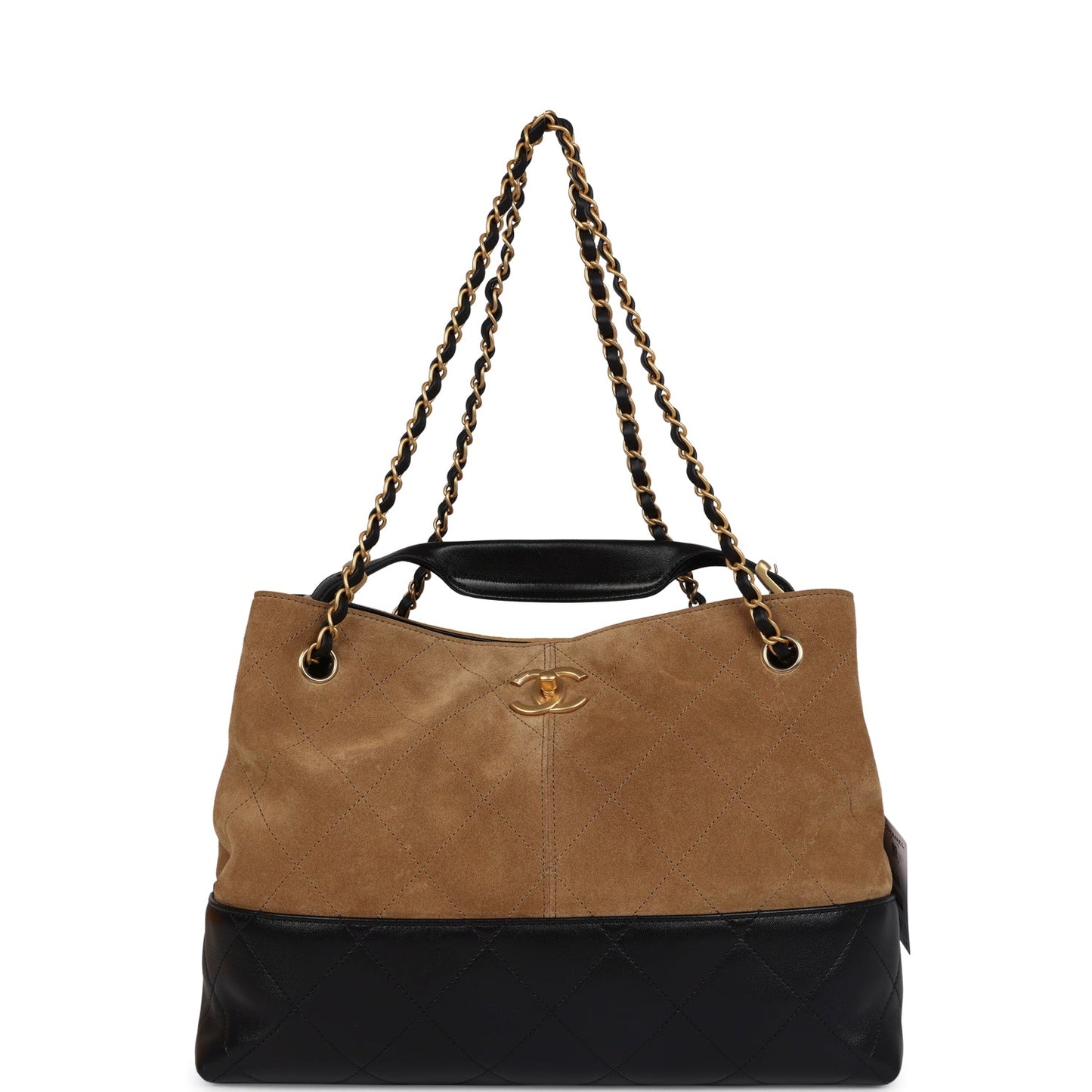 Chanel Small Coco Hobo Bag Brown Suede and Black Shiny Lambskin Brushed Gold Hardware