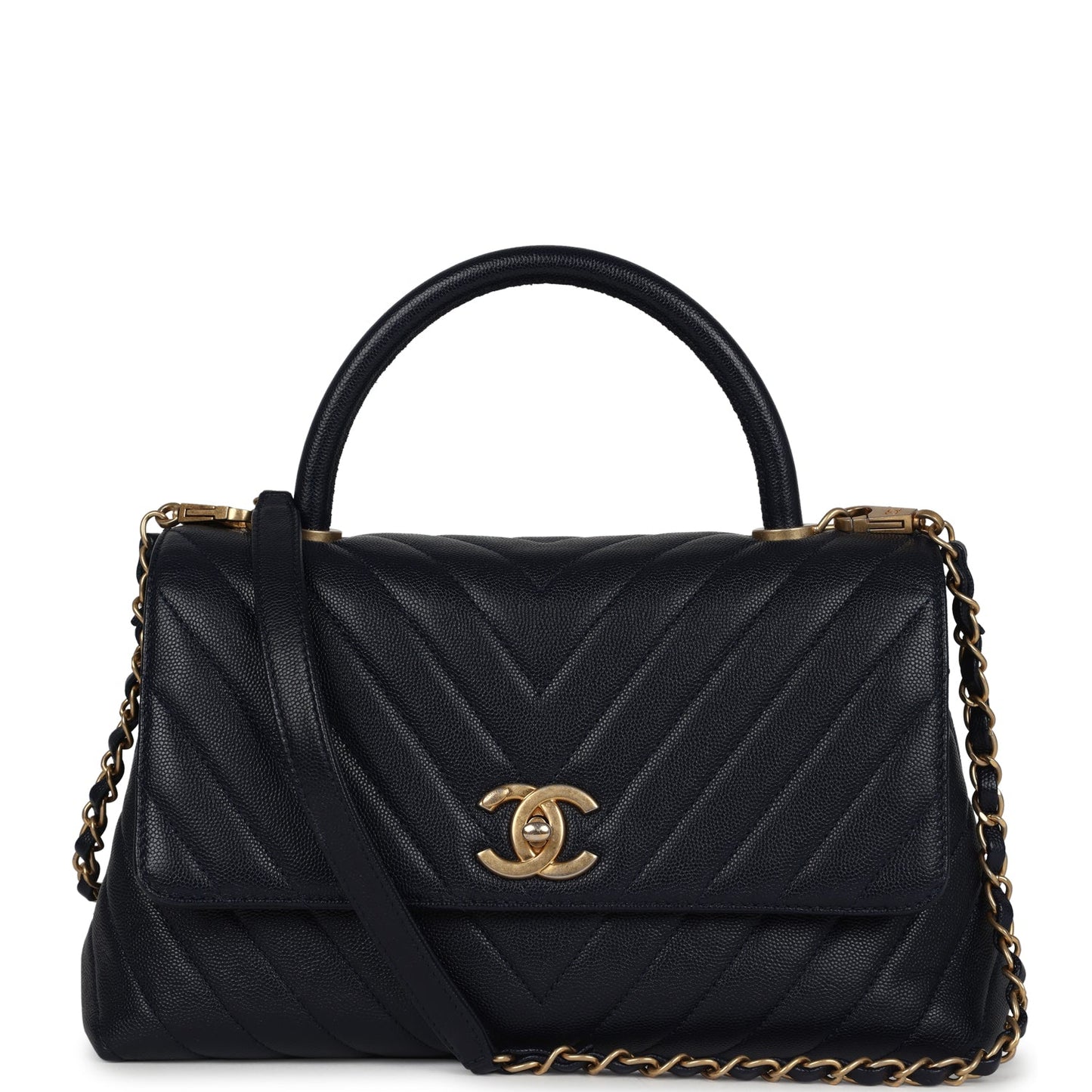 Chanel Medium Coco Top Handle Navy Blue Chevron Caviar Antique Gold Hardware Coco Handle Crossbody