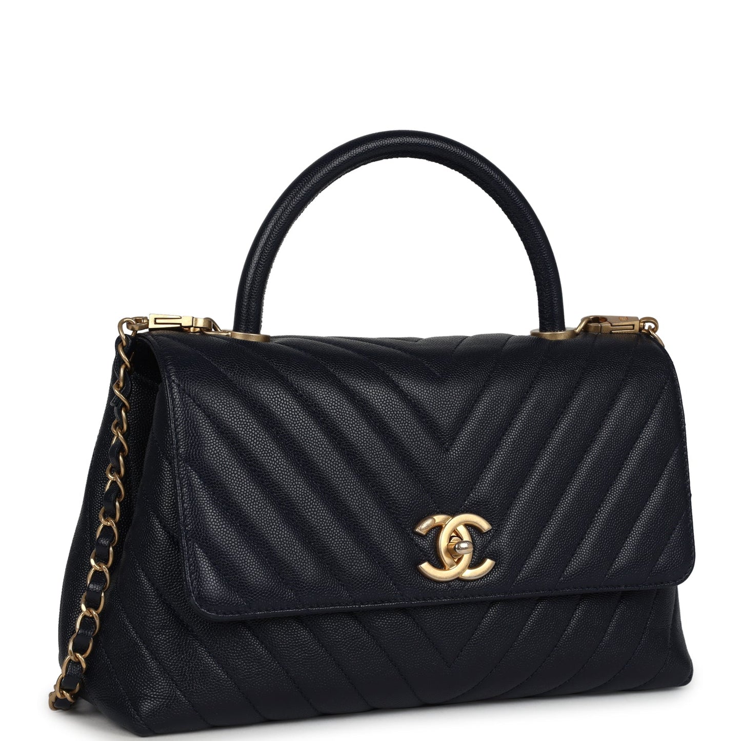 Chanel Medium Coco Top Handle Navy Blue Chevron Caviar Antique Gold Hardware Coco Handle Crossbody
