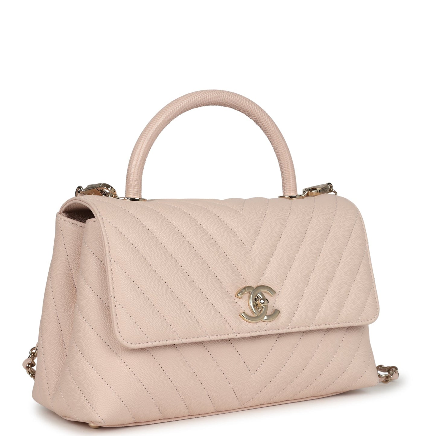 Chanel Medium Coco Top Handle Flap Bag Light Beige Chevron Caviar Light Gold Hardware Coco Handle
