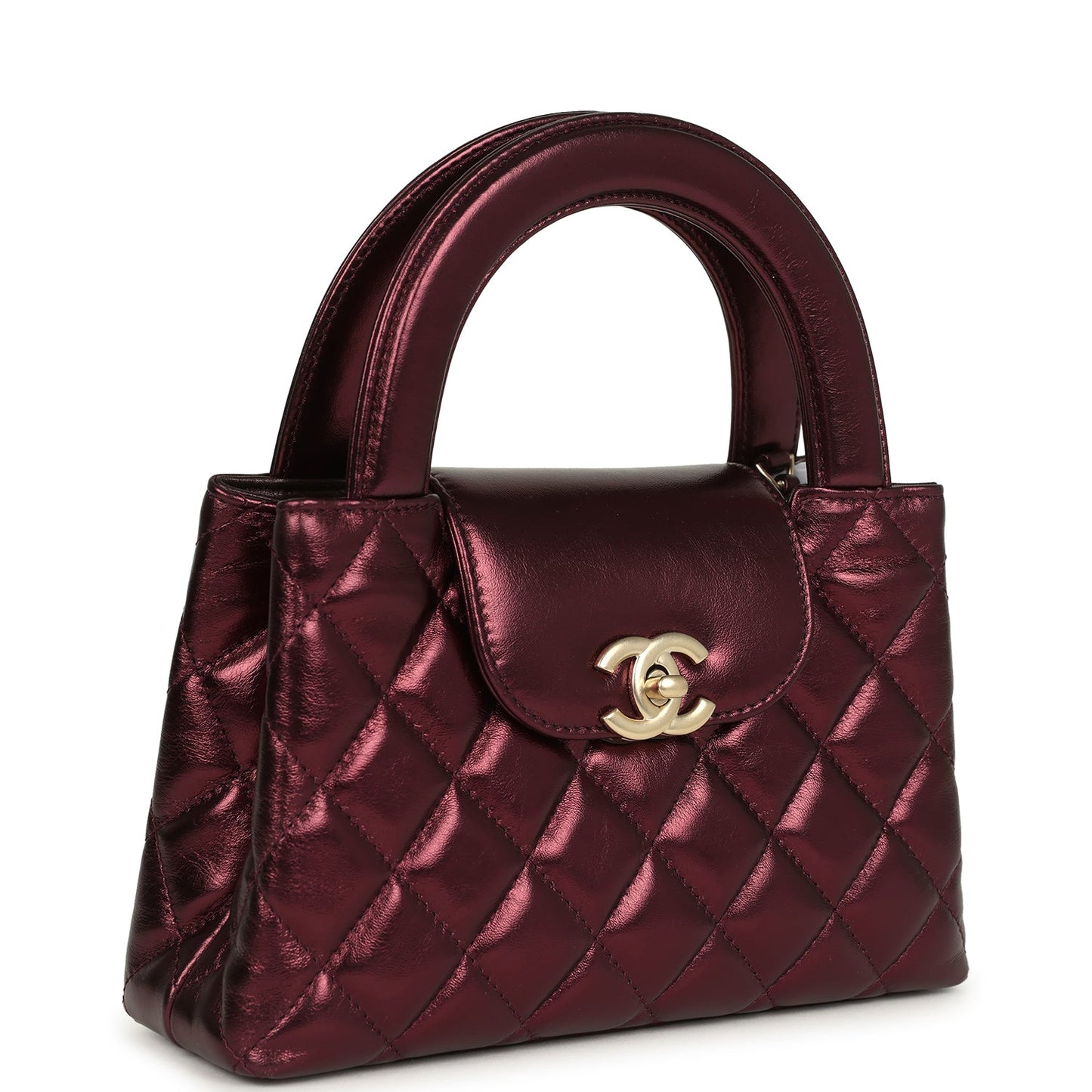 Chanel Small Kelly Shopper Metallic Burgundy Calfskin Brushed Gold Hardware Crossbody
