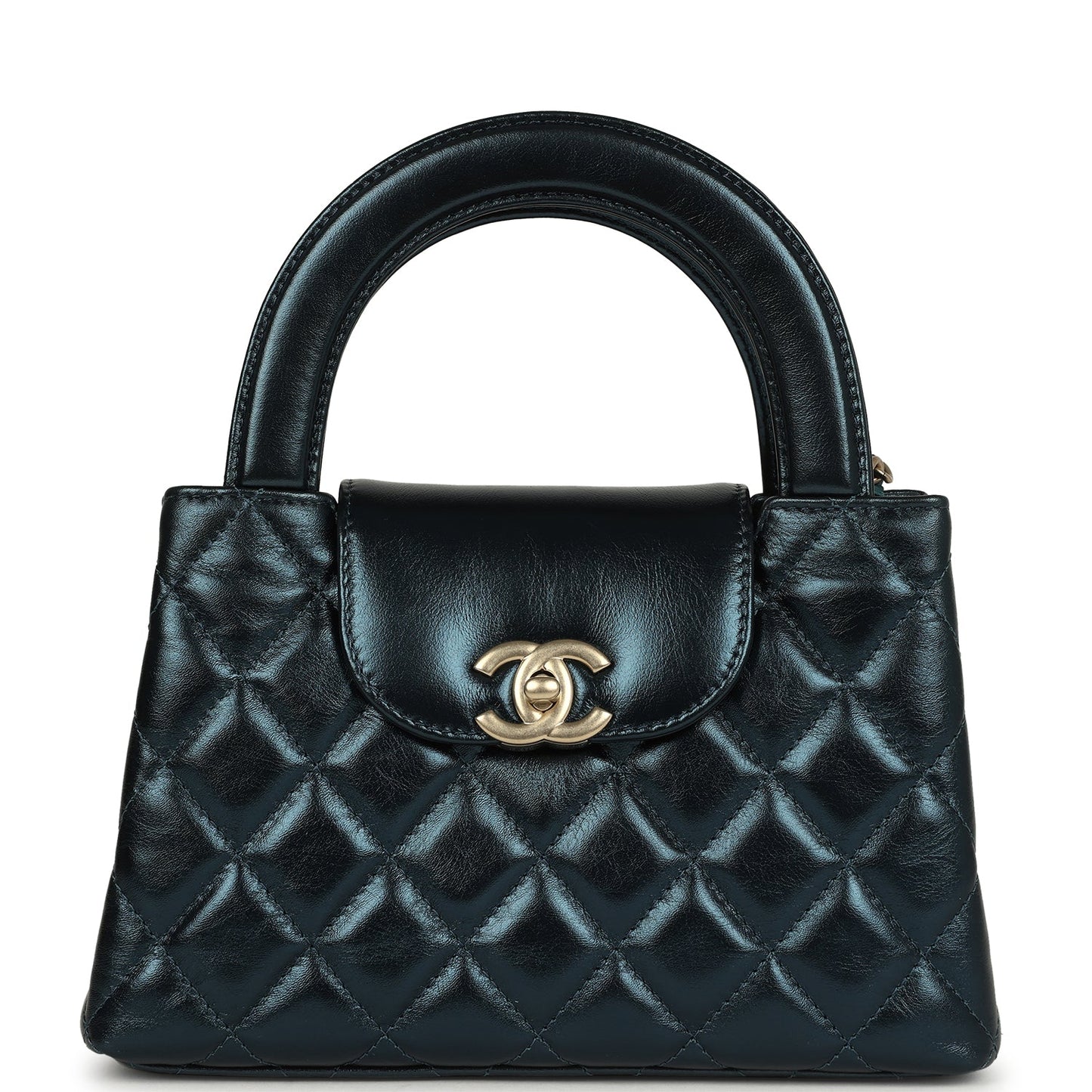 Chanel Small Kelly Shopper Metallic Blue Calfskin Brushed Gold Hardware Crossbody