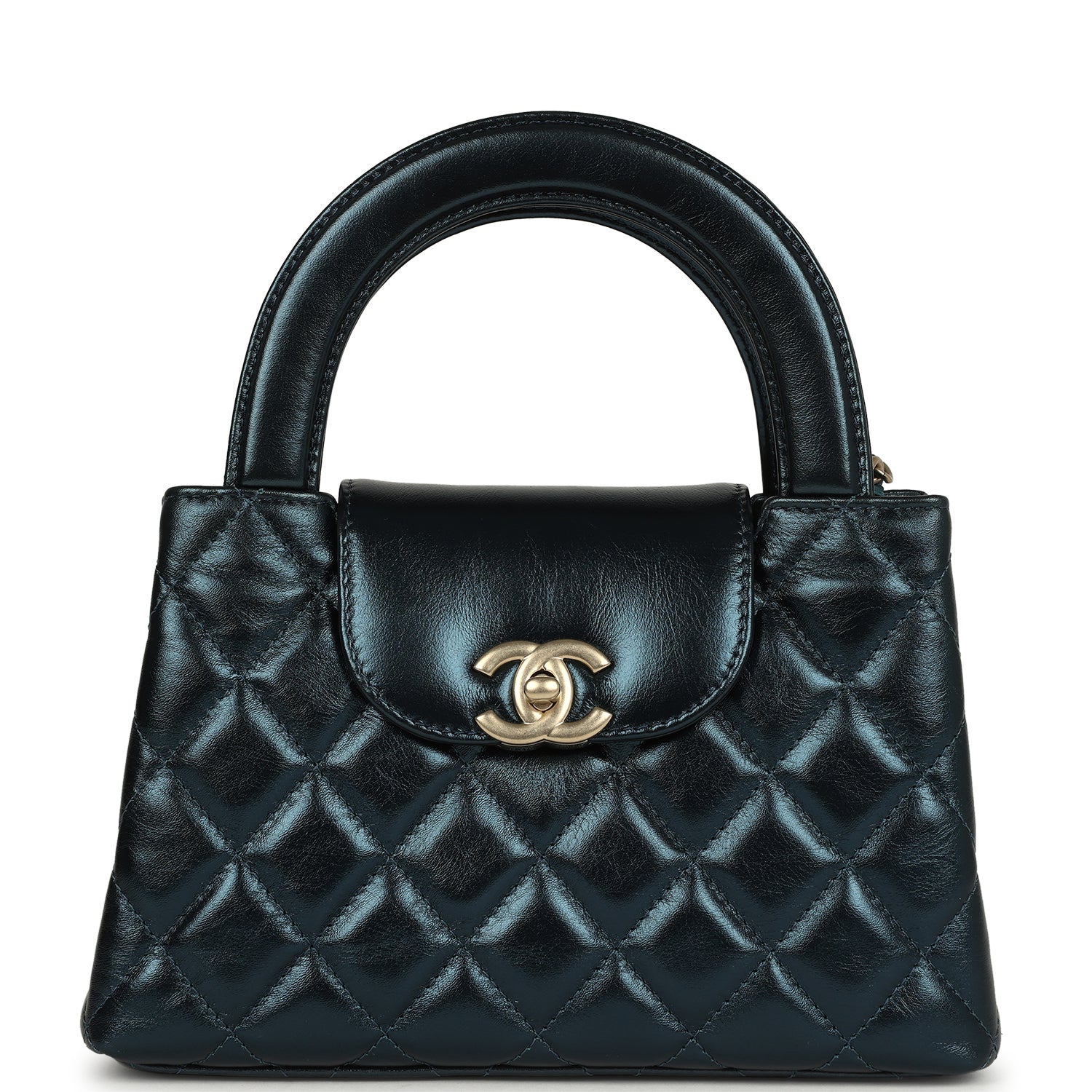 Chanel Small Kelly Shopper Metallic Blue Calfskin Brushed Gold Hardware Crossbody