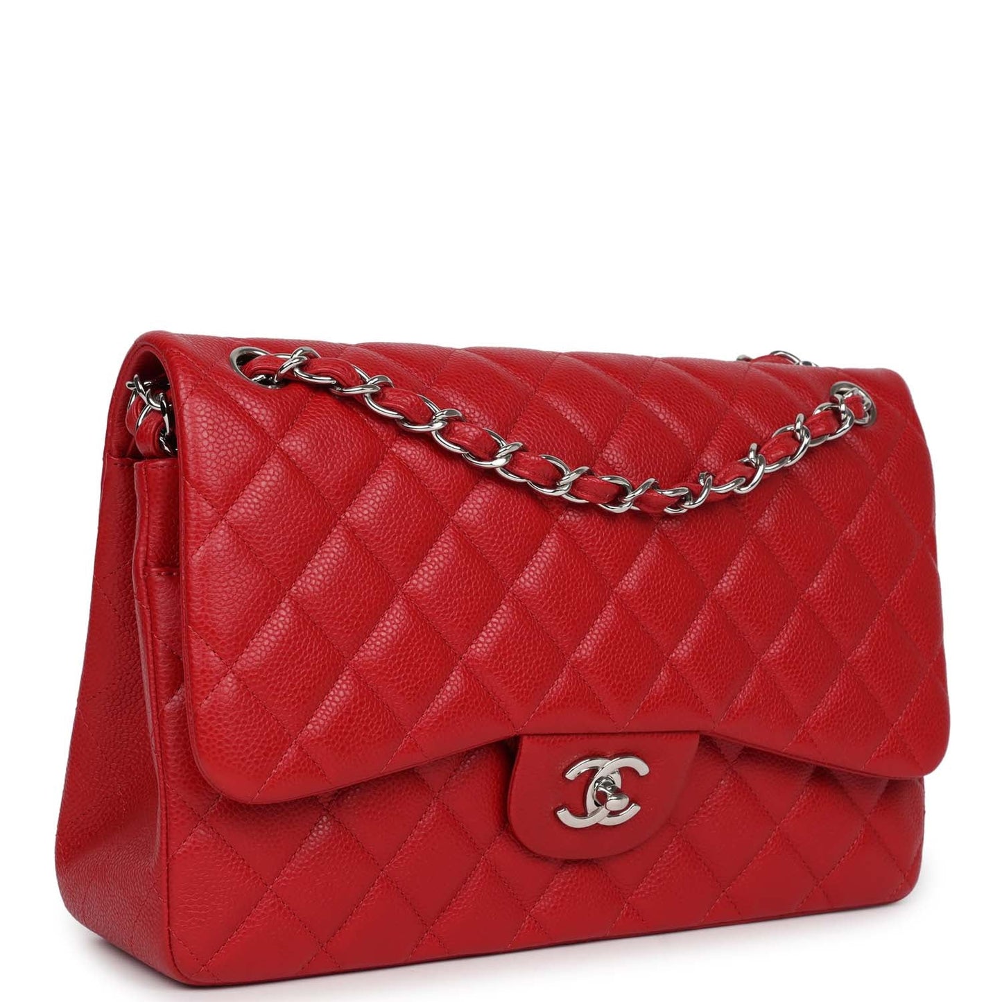 Chanel Jumbo Classic Double Flap Red Caviar Silver Hardware Shoulder Bag