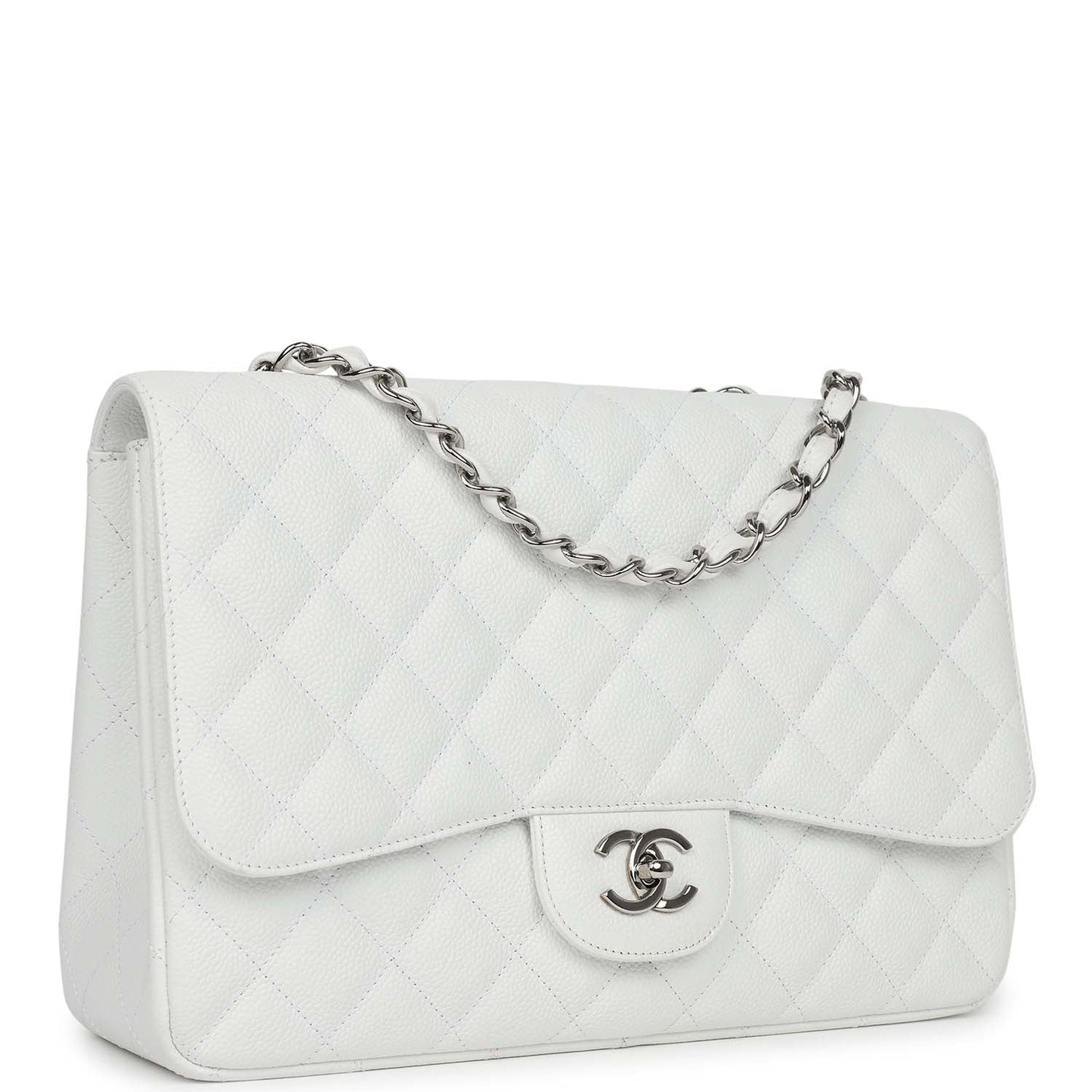 Chanel Jumbo Classic Single Flap Bag White Caviar Silver Hardware
