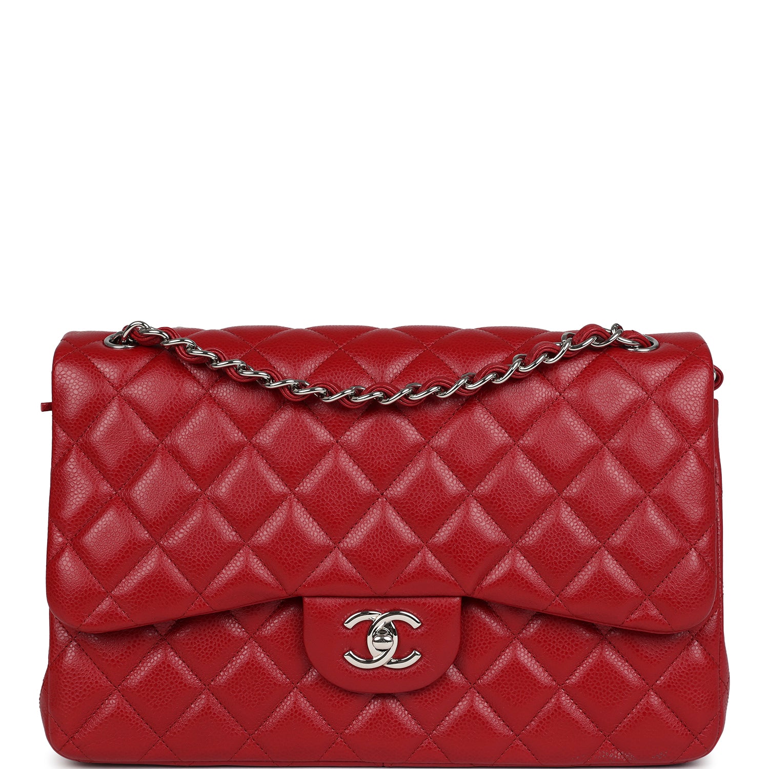 Chanel Jumbo Classic Double Flap Red Caviar Silver Hardware Shoulder Bag