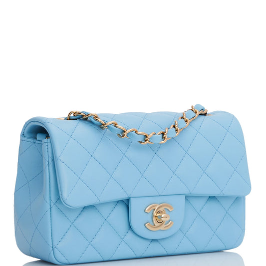 Chanel Mini Rectangular Flap Bag Blue Lambskin Light Gold Hardware