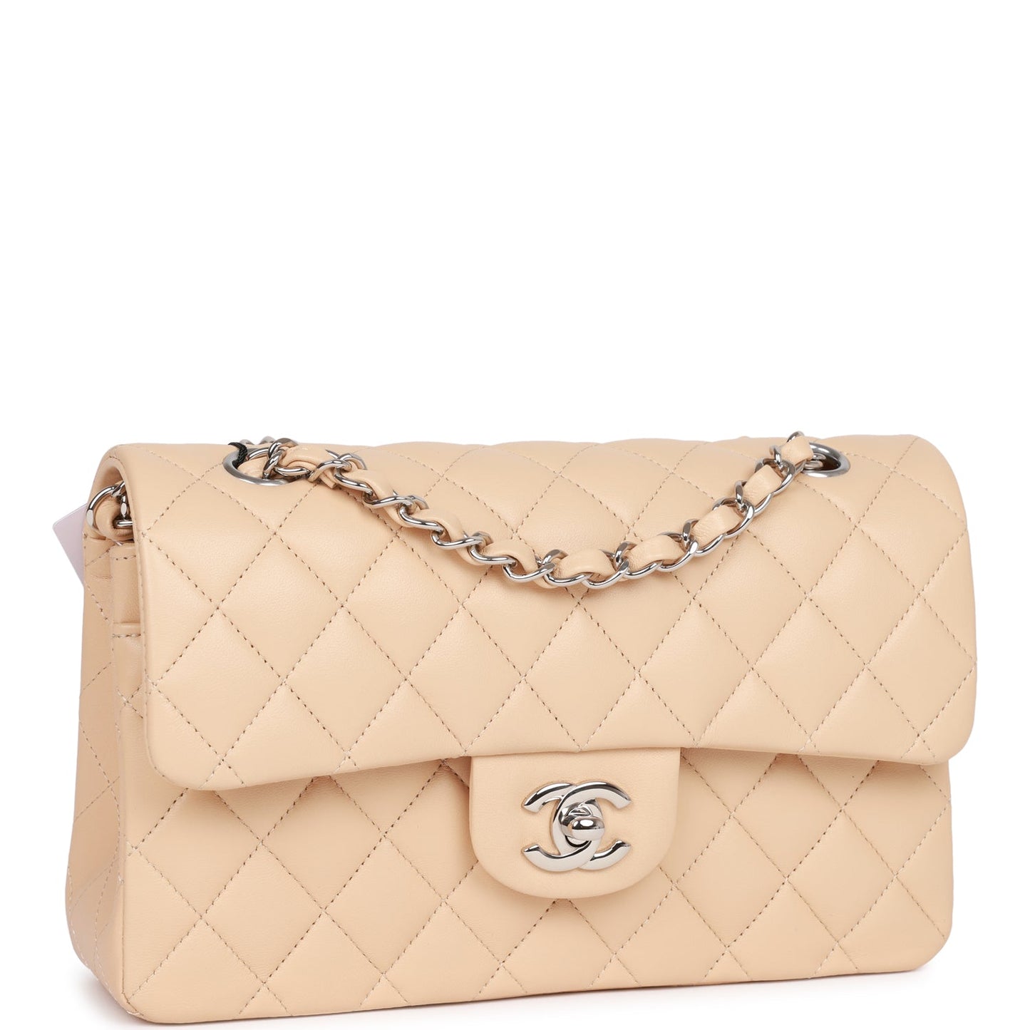 Chanel Small Classic Double Flap Beige Clair Lambskin Silver Hardware Shoulder Bag