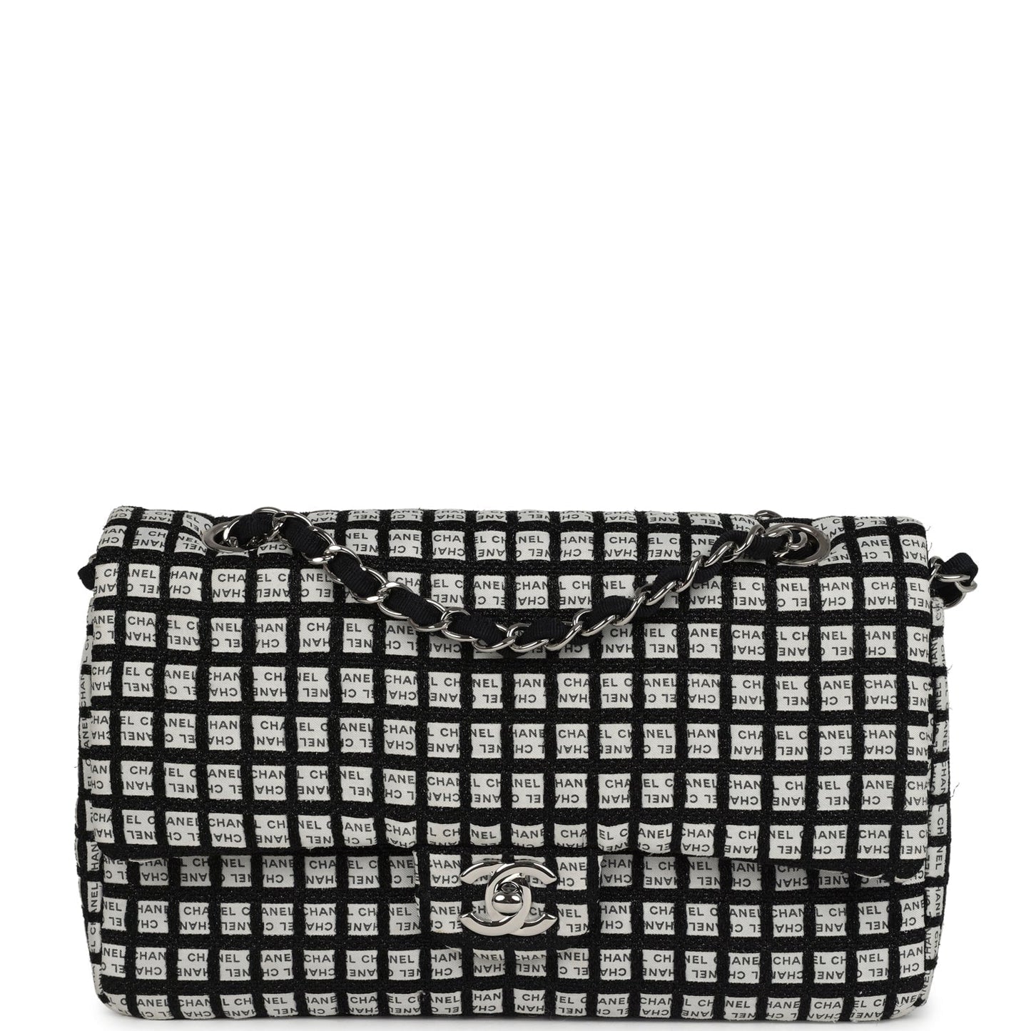 Chanel Medium Logo Ribbon Classic Double Flap Bag White and Black Canvas and Tweed Silver Hardware