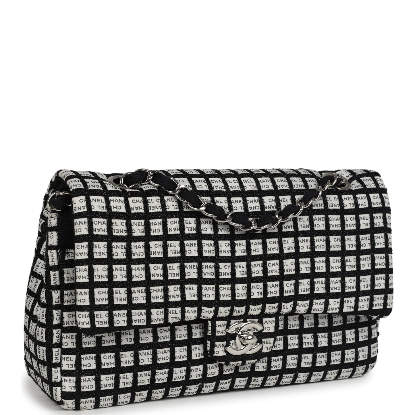 Chanel Medium Logo Ribbon Classic Double Flap Bag White and Black Canvas and Tweed Silver Hardware