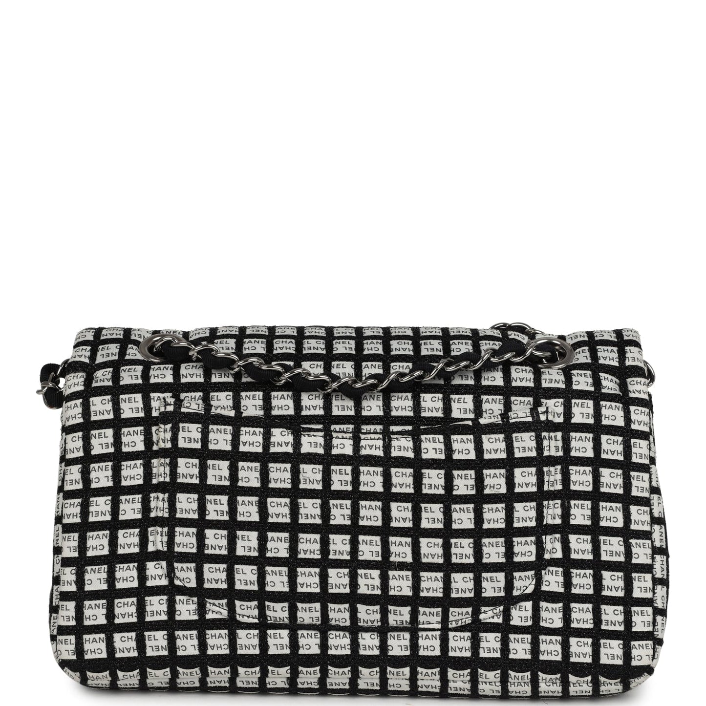 Chanel Medium Logo Ribbon Classic Double Flap Bag White and Black Canvas and Tweed Silver Hardware