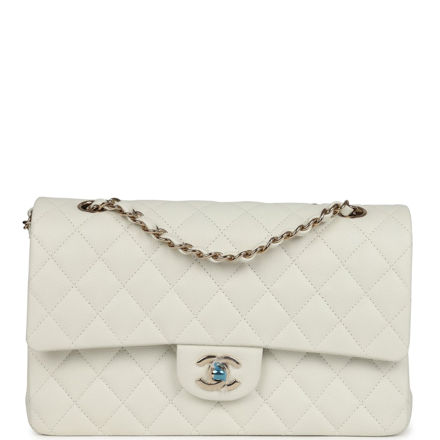 Chanel Medium Classic Double Flap White Caviar Light Gold Hardware Shoulder Bag