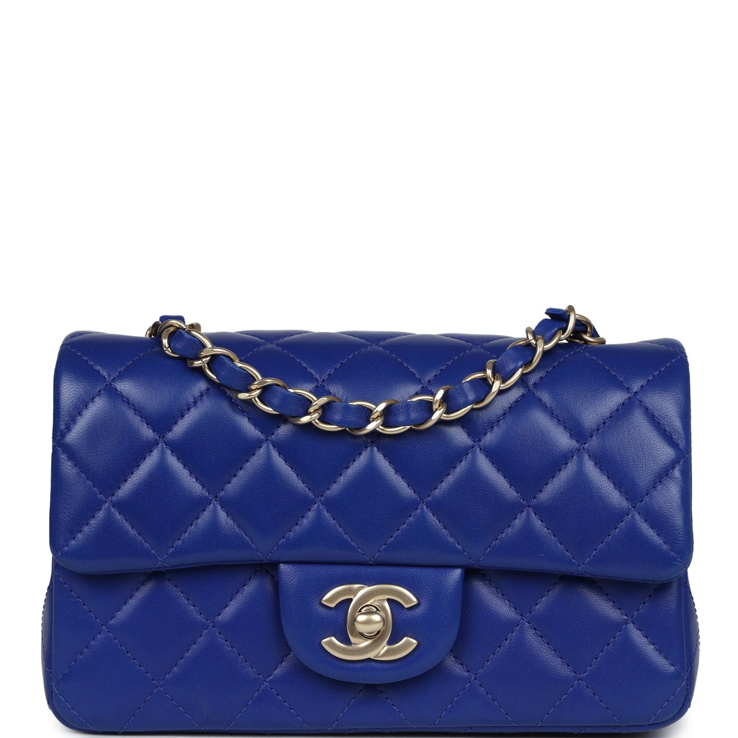 Chanel Mini Rectangular Flap Bag Dark Blue Lambskin Antique Gold Hardware
