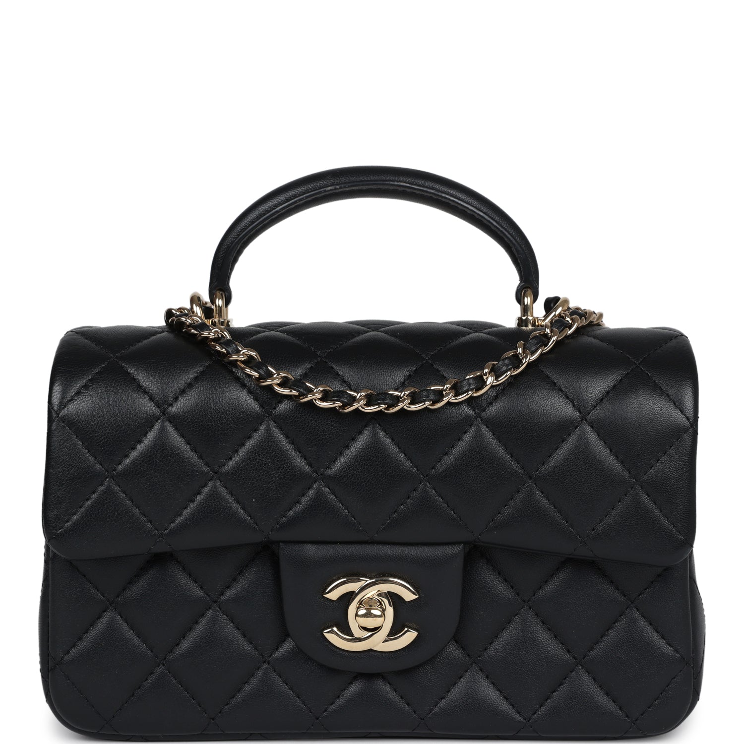 Chanel Mini Rectangular Flap with Top Handle Black Lambskin Light Gold Hardware Crossbody