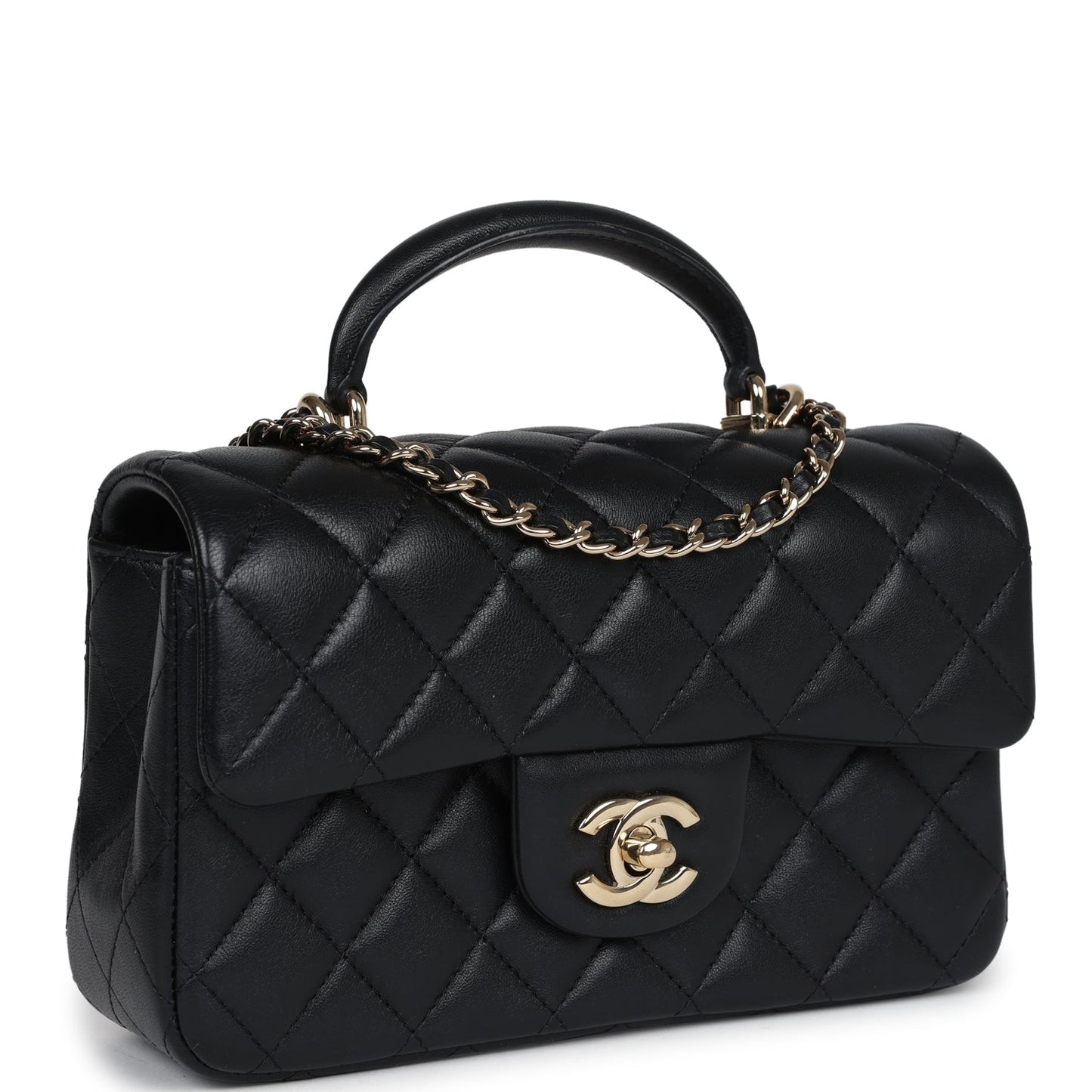 Chanel Mini Rectangular Flap with Top Handle Black Lambskin Light Gold Hardware Crossbody