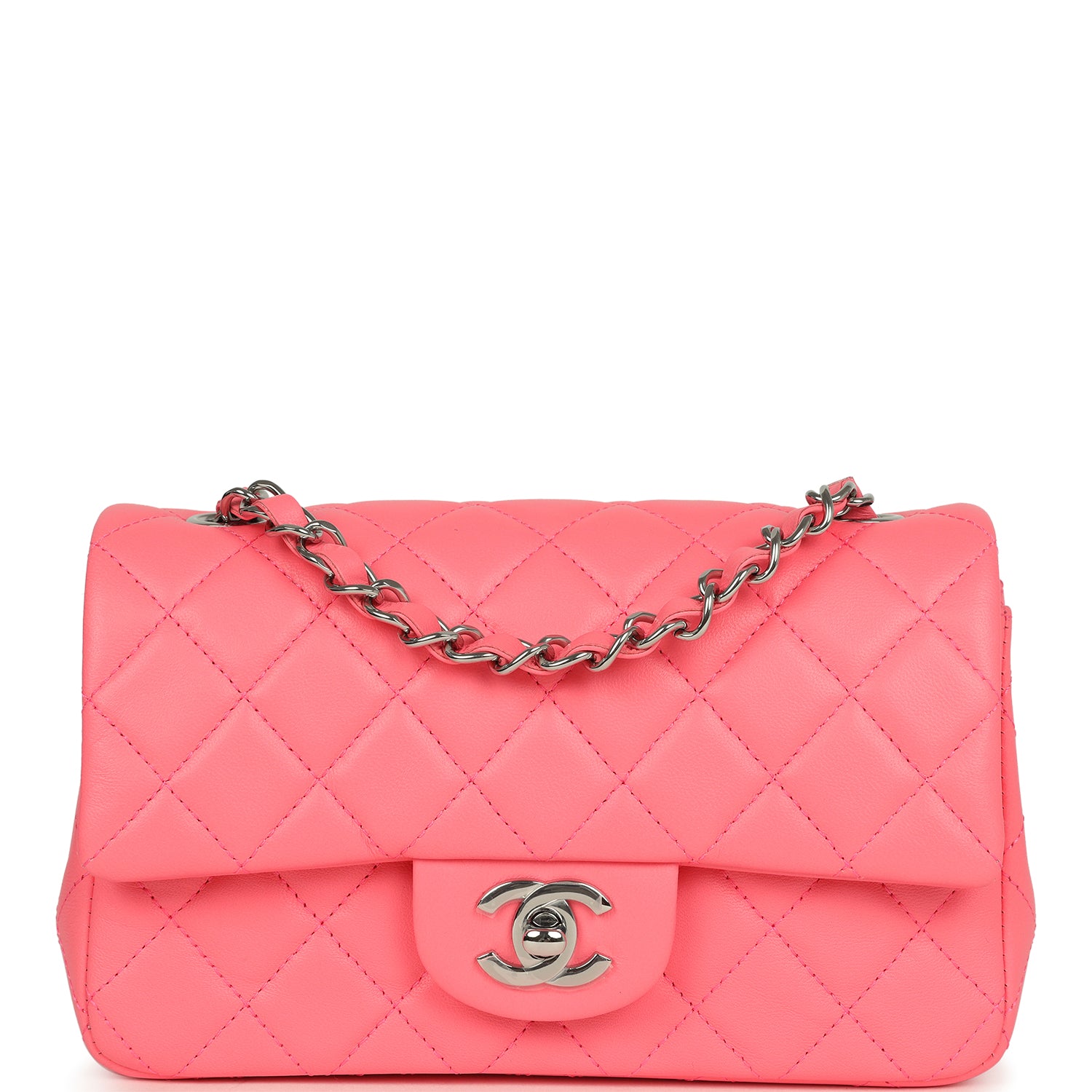 Chanel Mini Rectangular Flap Bag Pink Lambskin Silver Hardware Classic Flap