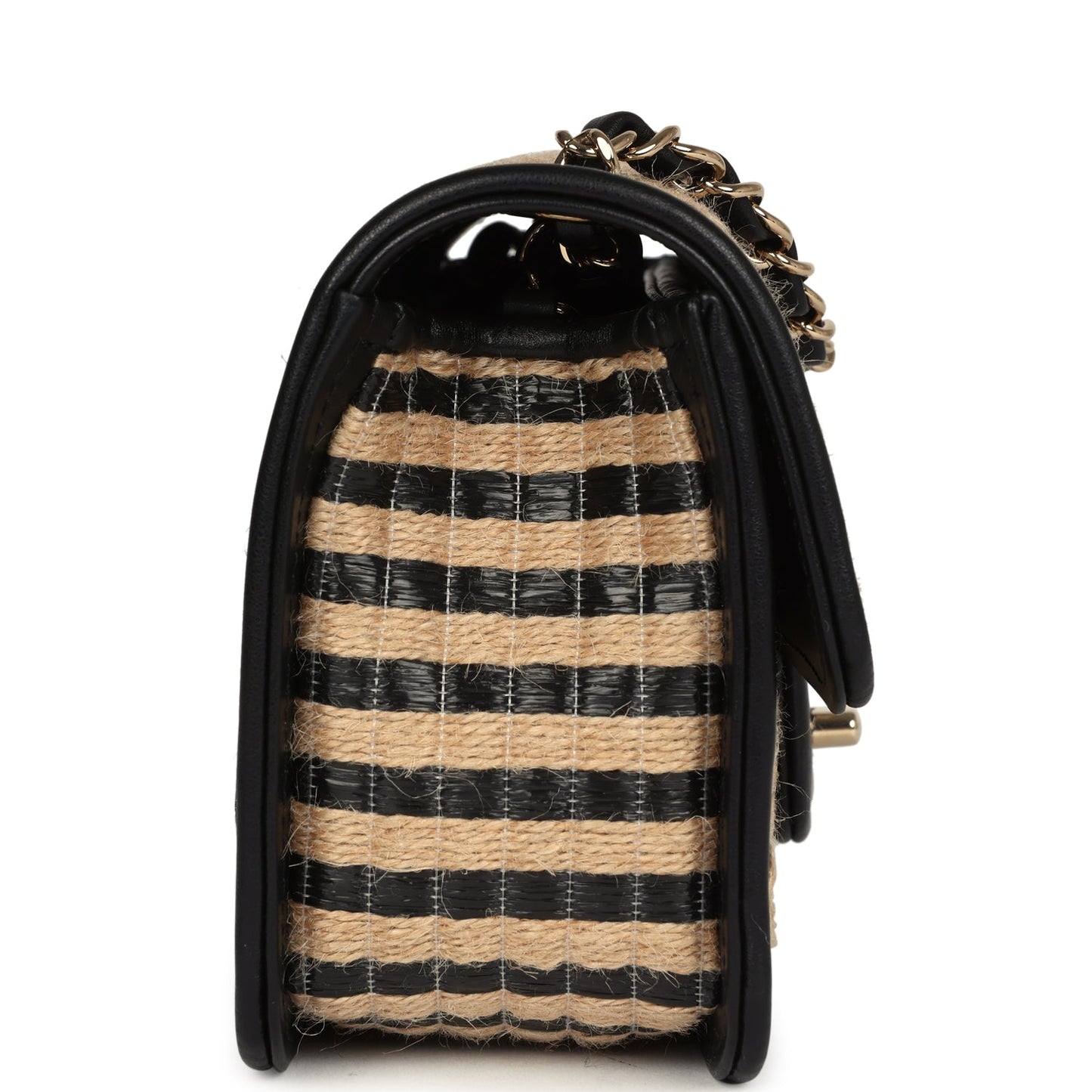 Chanel Small Urban Jungle Flap Beige and Black Stripe Raffia Jute Gold Hardware Shoulder Bag