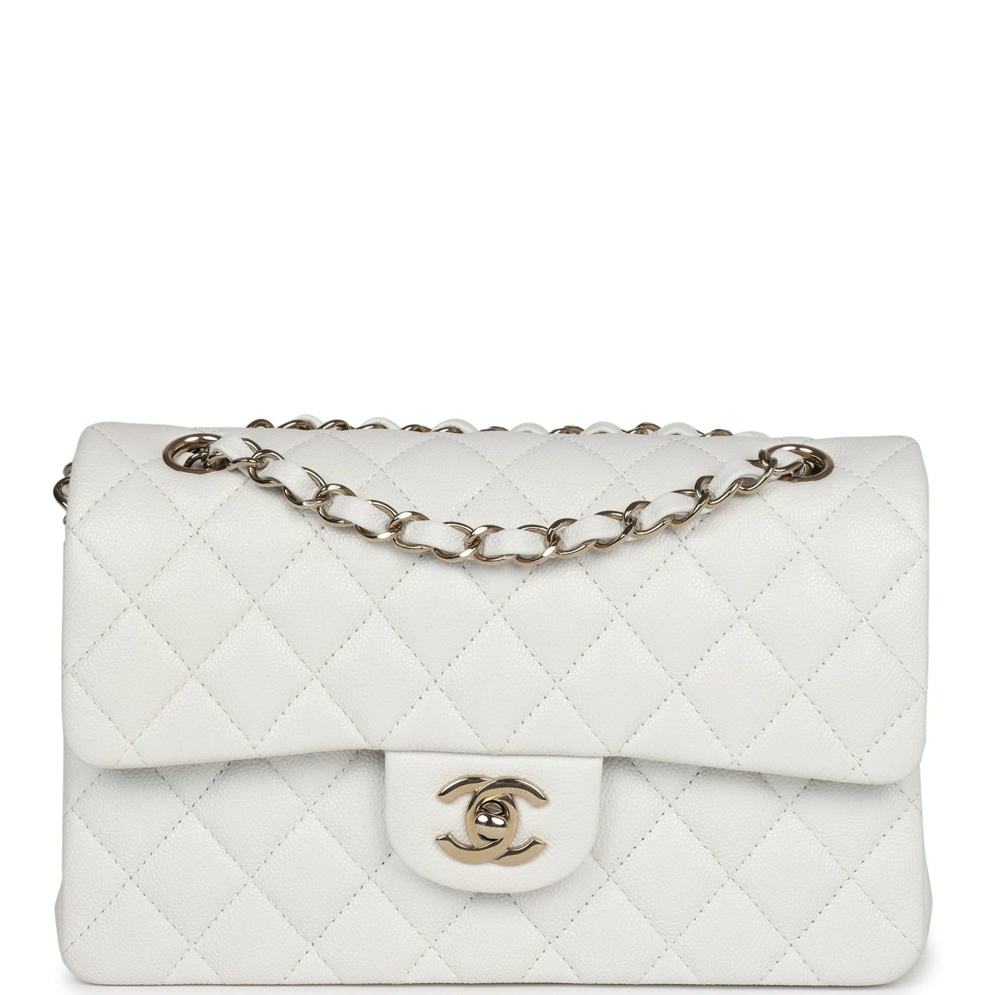 Chanel Small Classic Double Flap White Caviar Light Gold Hardware Shoulder Bag