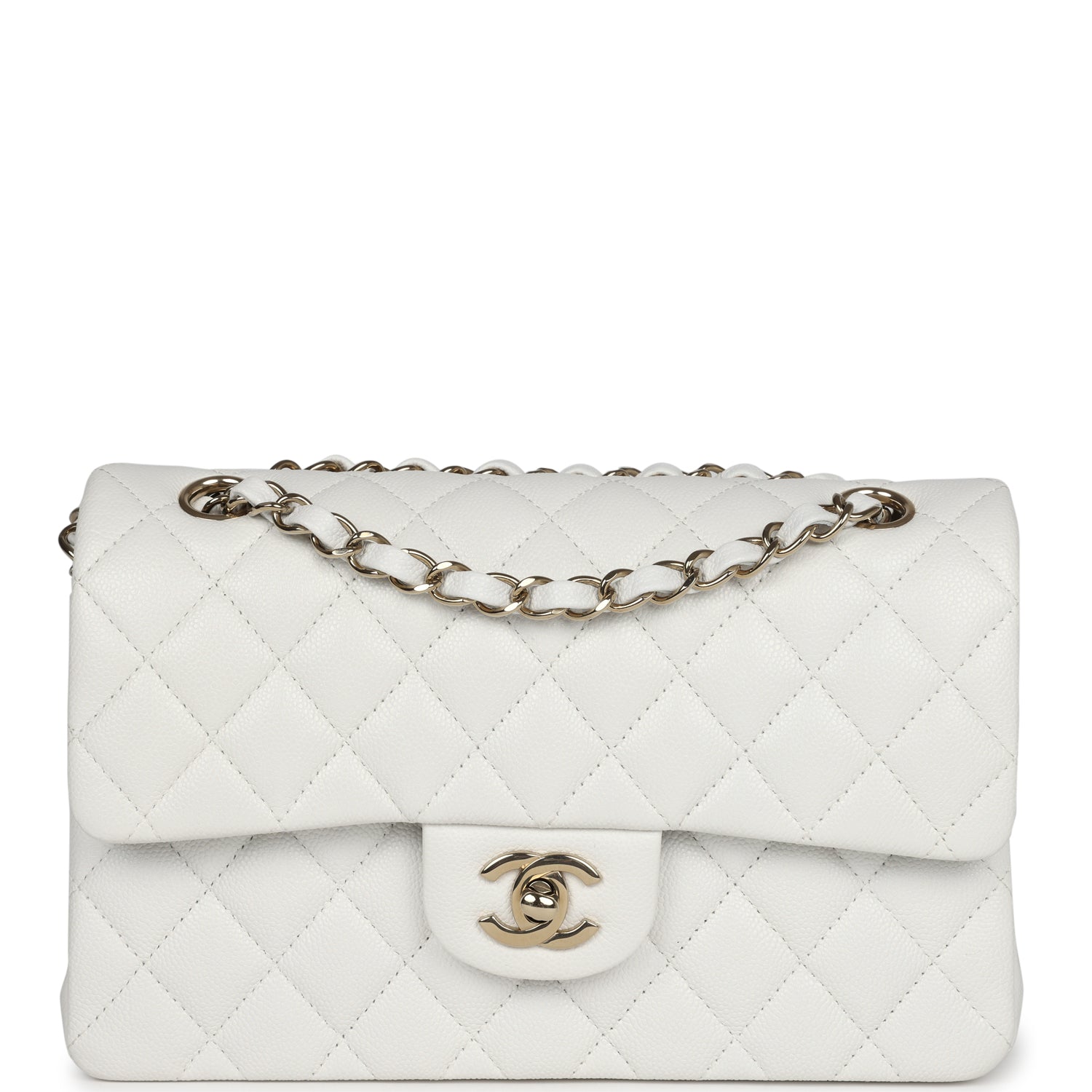 Chanel Small Classic Double Flap White Caviar Light Gold Hardware Shoulder Bag