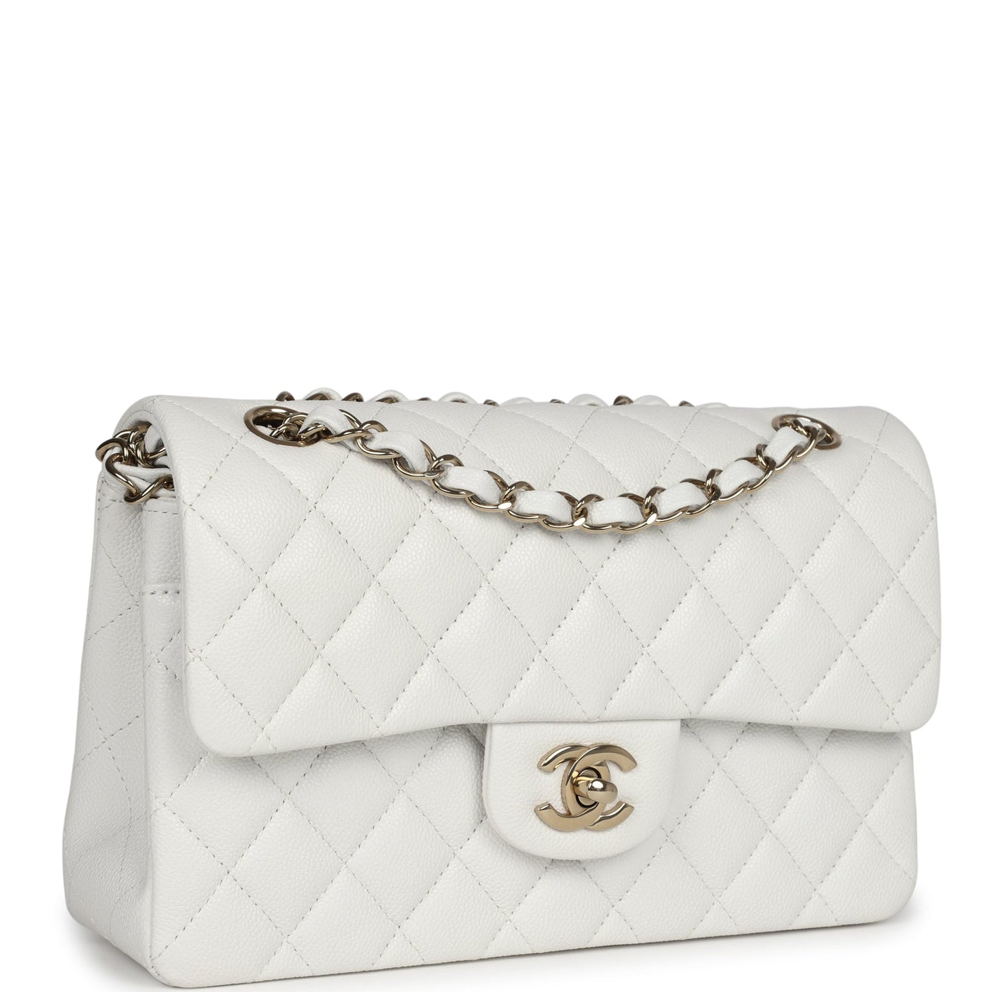 Chanel Small Classic Double Flap White Caviar Light Gold Hardware Shoulder Bag